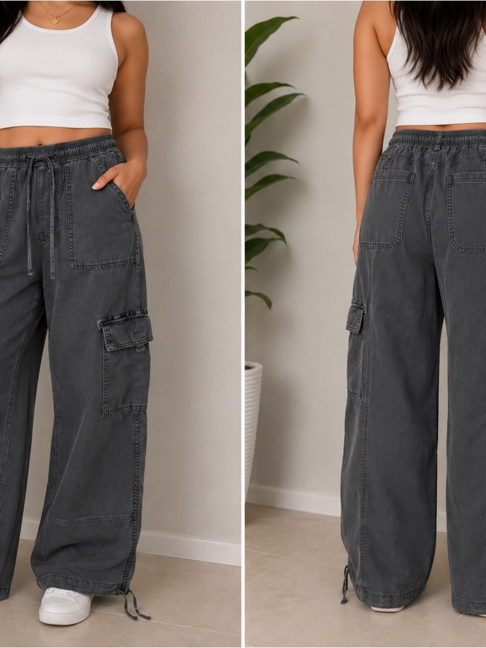 SO Gray Cotton Cargo Pants Women’s Size S Elastic Waist Wide Leg Utility